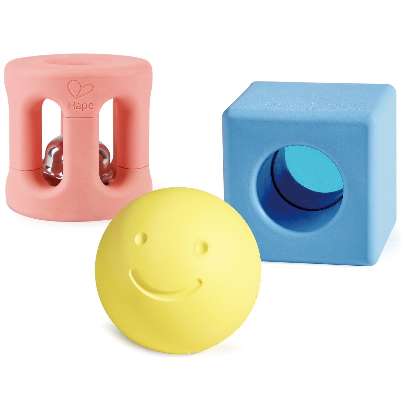 Hape: Geometric Rattle Trio - 3pc Teething & Shake Toy, Rice Material, Safe To Chew, Soft Pastel Colors, Ball-Rattle-Lense, Baby & Infant Ages 0mo+